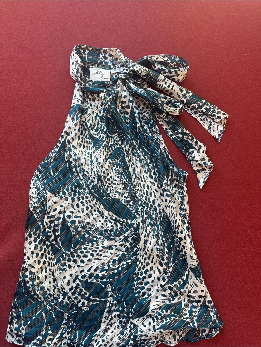 Milly Teal and Cream Metallic-Striped Animal Print Blouse - Picture 1 of 6